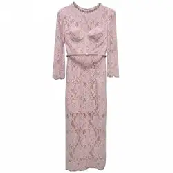 Luxury 2025 Summer Bead Crystal Sexy Perspective Eyelash Lace Long Dress Women Evening Short Sleeve Pencil Party Midi Dresses