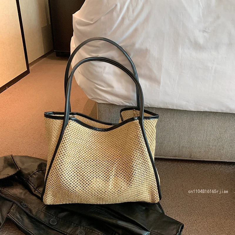 New Straw Woven Handbag Fashionable and High-quality 2-piece Set Female Shoulder Bag Casual and Versatile Storage Beach Bag