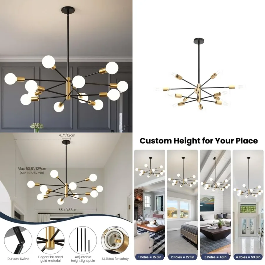 

Modern Chandelier Ceiling Fixture - 33.4" and Sputnik Chandeliers, Height Adjustable Industrial Farmhouse Pendant Lighting for