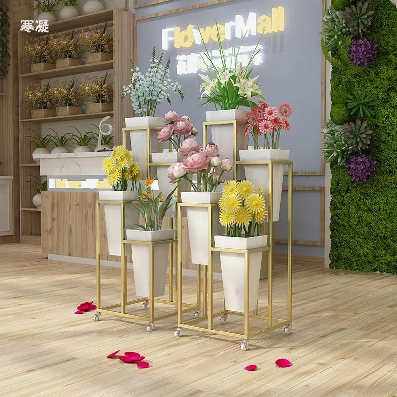 Nordic Multi-Layer Display Flower Bucket, balde de flores plásticas, escada, prateleira móvel, Flower Rack, Gold Plant Stand