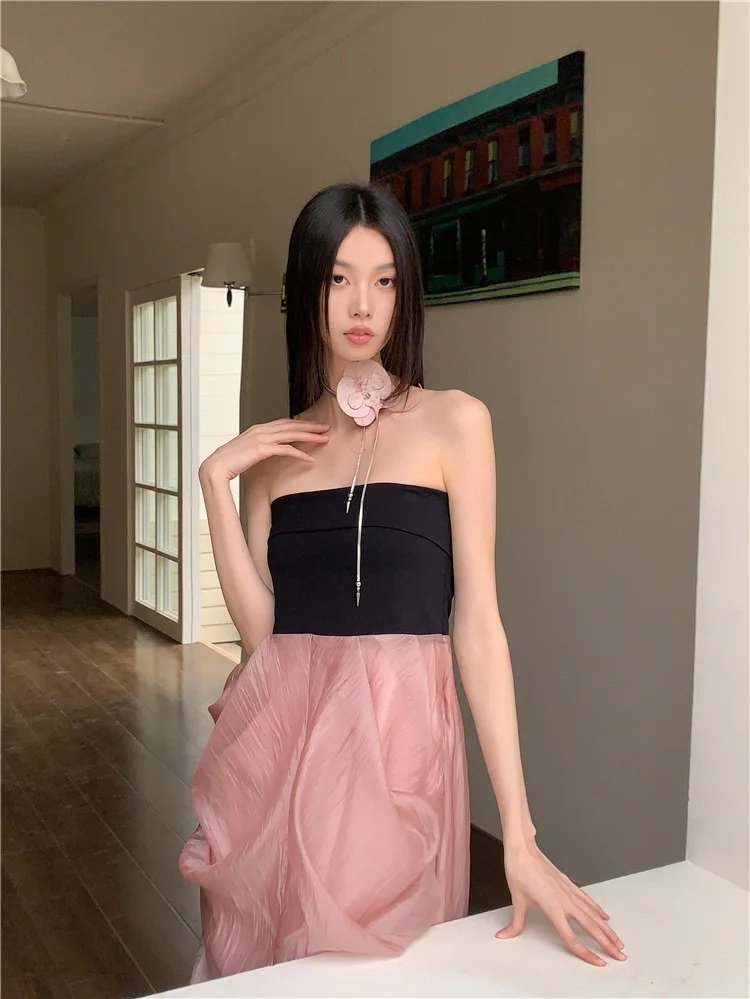 Elegant Splicing Patchwork Long Dresses Spring Women Sleeveless Chest Hugging Dress New Summer High Waist Slim Knee Length Dress