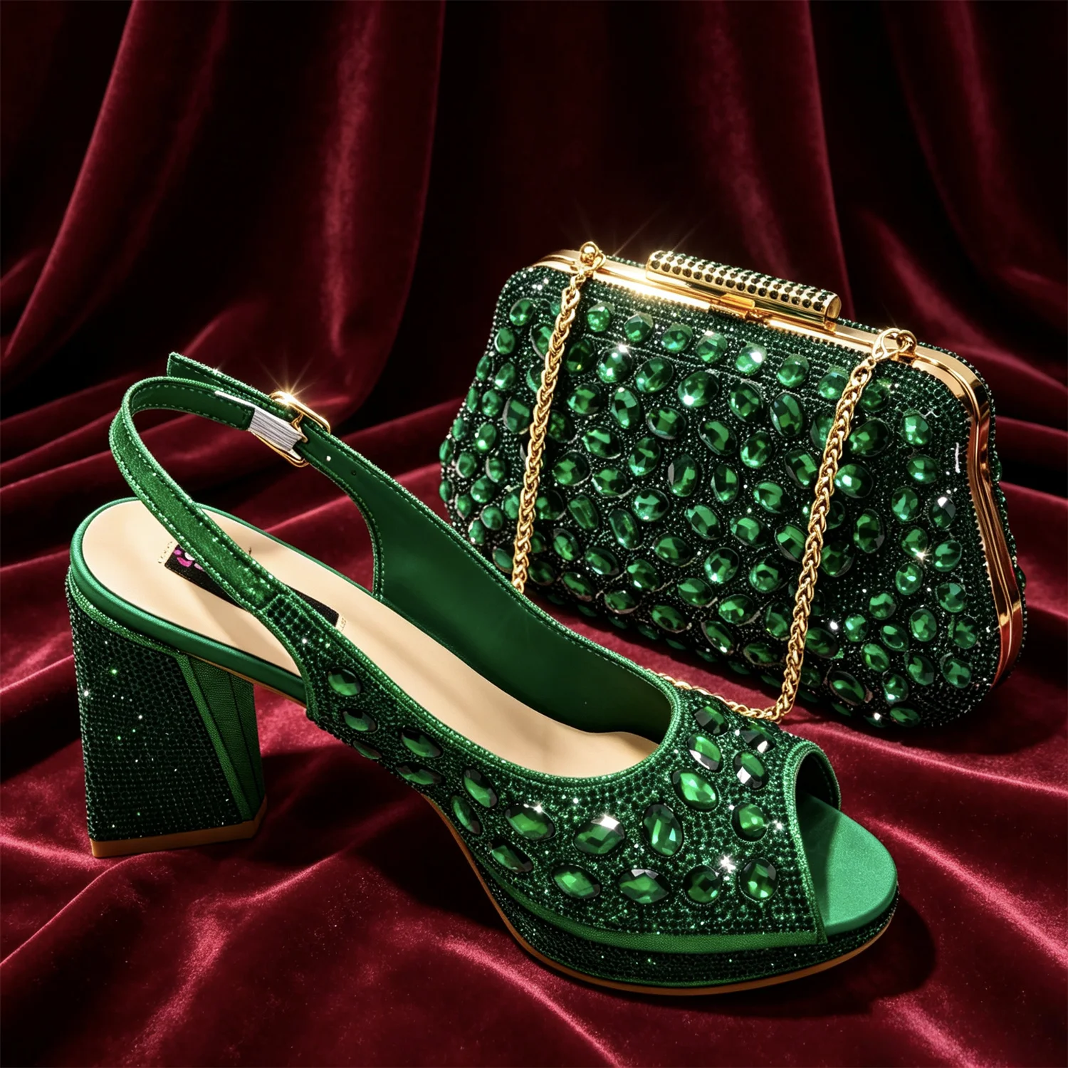 2026 New Nigerian Bigger Size Women Heel Party Shoes and Bag Set Green Colour Rhinestone Handbag Italian Design Wedding
