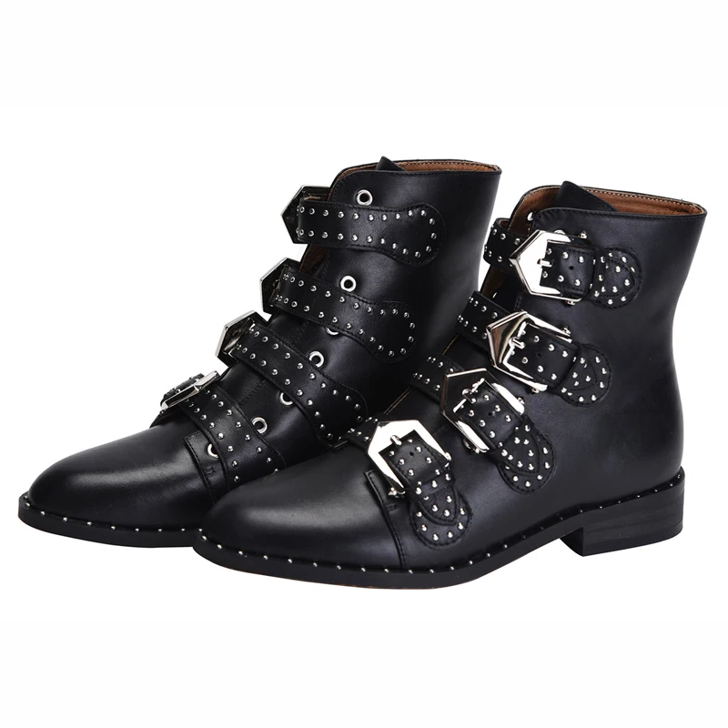

Punk style Rivets Straps Belt Buckle Ankle boots Cow Leather Rivets sole Green Suede Woman Motorcycle Boots