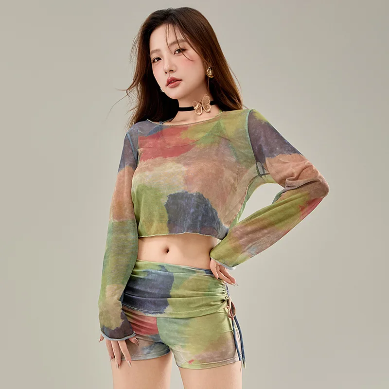 

Women Swimsuit 2025 New Split 3pcs/set Sunscreen Long-sleeve Tie-dye Blouse+shorts+bra Swimwear for Ladies Women Beach Clothes