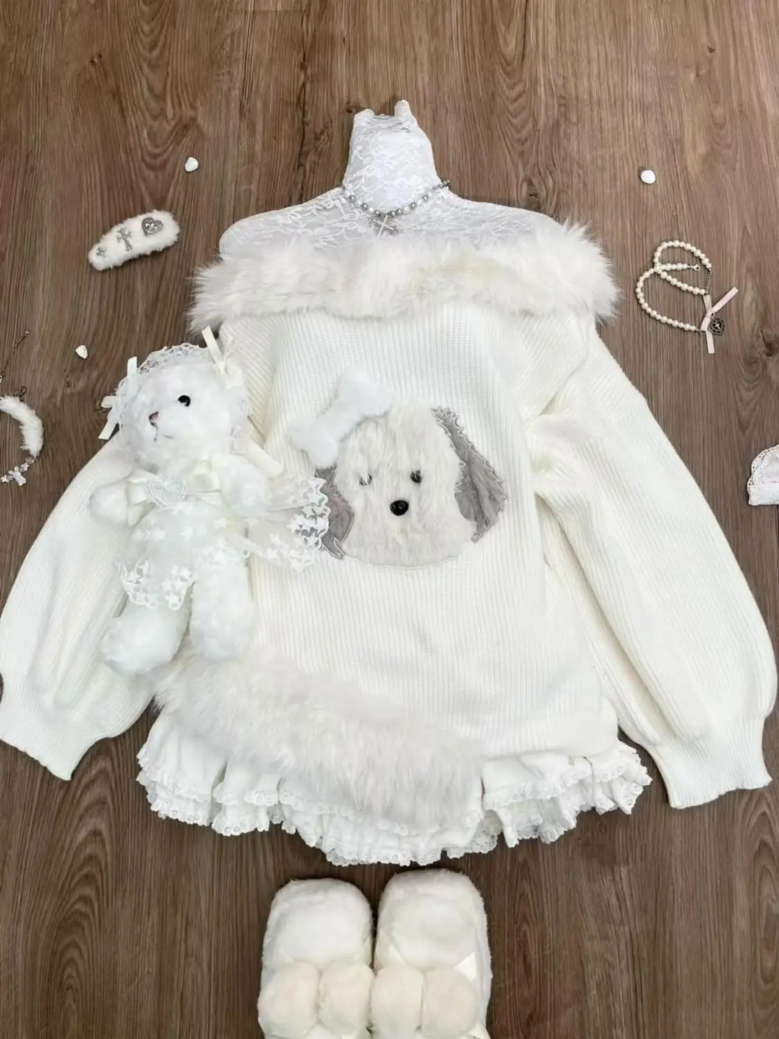 New 2 Piece Winter Set for Women Cute Dog Design Sweater with Lace Details + Plush Accessories Warm and Stylish Outfit 2024