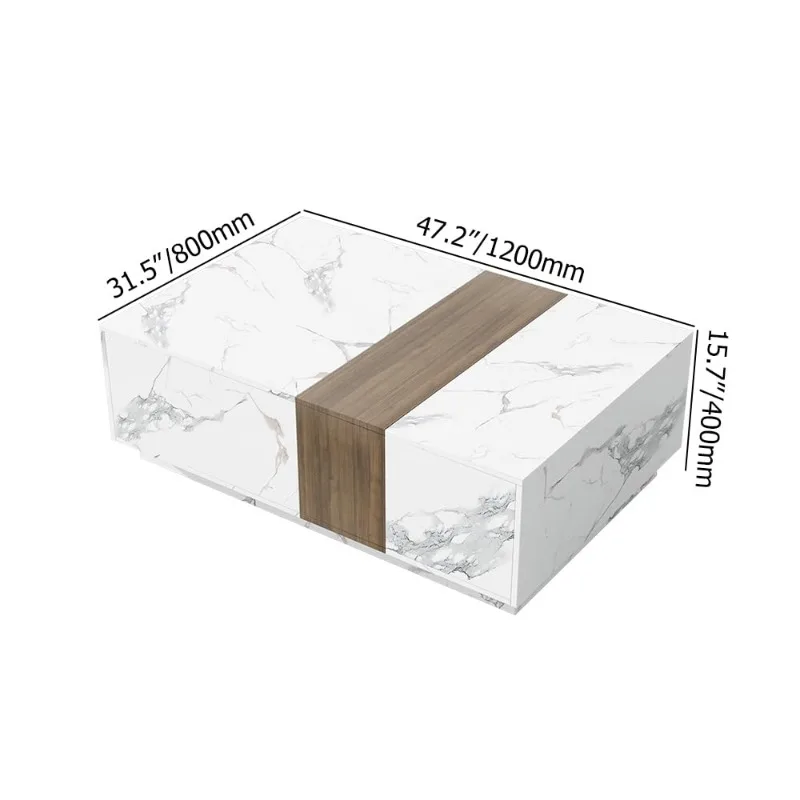 Marble & Walnut Coffee Table – Modern Block Design Living Room Center Table with 2 Storage Drawers, White Marble, Customized