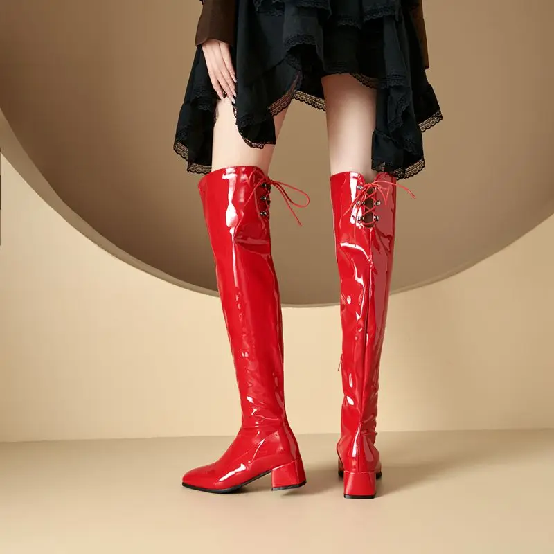 ORCHA LISA مثير لامعة فوق الركبة أحذية الفخذ حجم كبير 44-46 4.5 سنتيمتر كتلة الكعوب سستة الدانتيل متابعة موضة بوتا للحزب والتاريخ #2