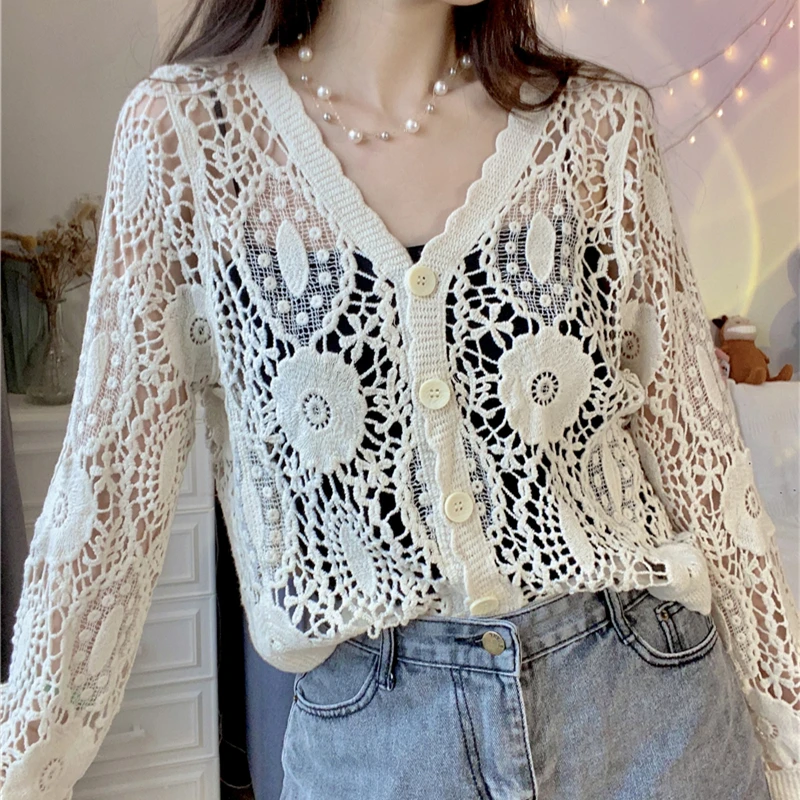 Sexy V-neck Hollow Out Crochet Lace Cardigan Women Spring Summer Long Sleeve Lace Shirts Korean Style Girls Beige White Crop Top