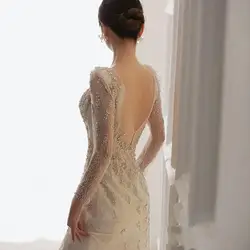 Fashionable Wedding Dress Fishtail Sexy Open Back V-Neck Stereoscopic Waist Strap Sequin Beads Classical Full Sleeved Trailing