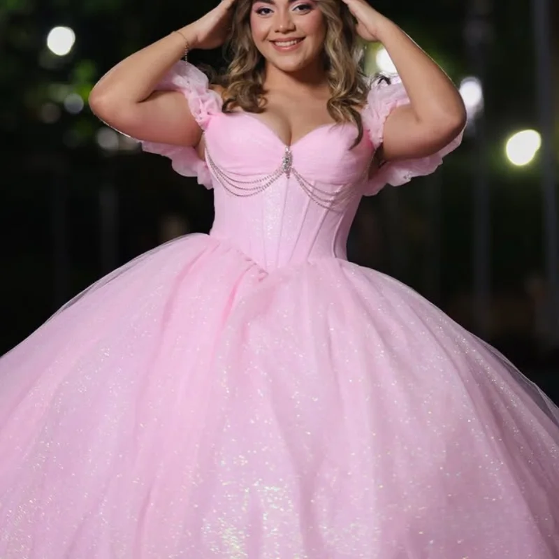 

Shiny Pink Quinceanera Dress off-shoulder Glitter Decal Luxury Long tail Vestidos De 15 Quinceanera ﻿Customize