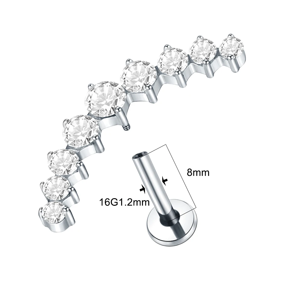 1pc Titanium Zircon Curved Labret Helix Piercings Internally Threaded Ear Stud Earrings Tragus Piercing Body Jewelry
