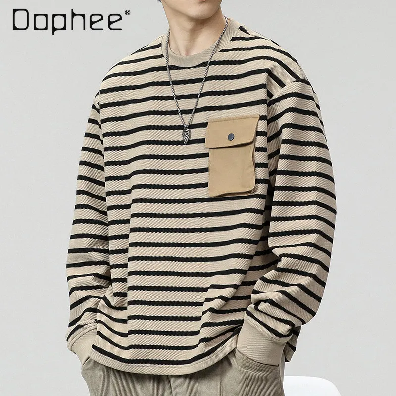 Spring and Autumn Commuting Style Men's Khaki Striped Loose Casual Simple Round Neck Long Sleeve Pocket Design T-Shirt