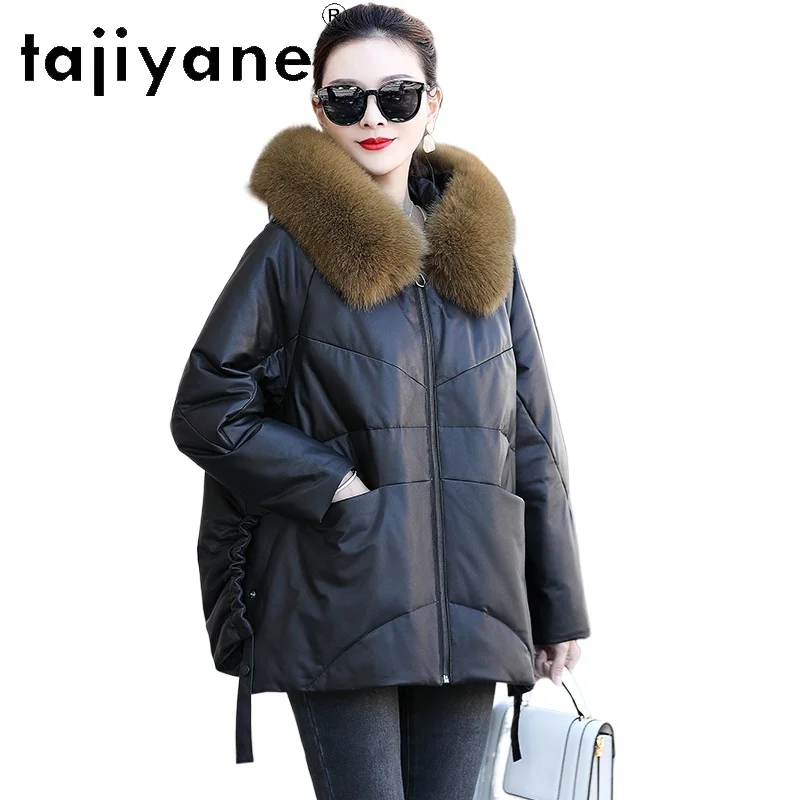 TAJIYANE جلد الغنم الحقيقي بطة أسفل معطف امرأة الثعلب الفراء طوق سترة منفوخة قسط حقيقية سترات من الجلد ملابس حريمي 2025 longcode #1