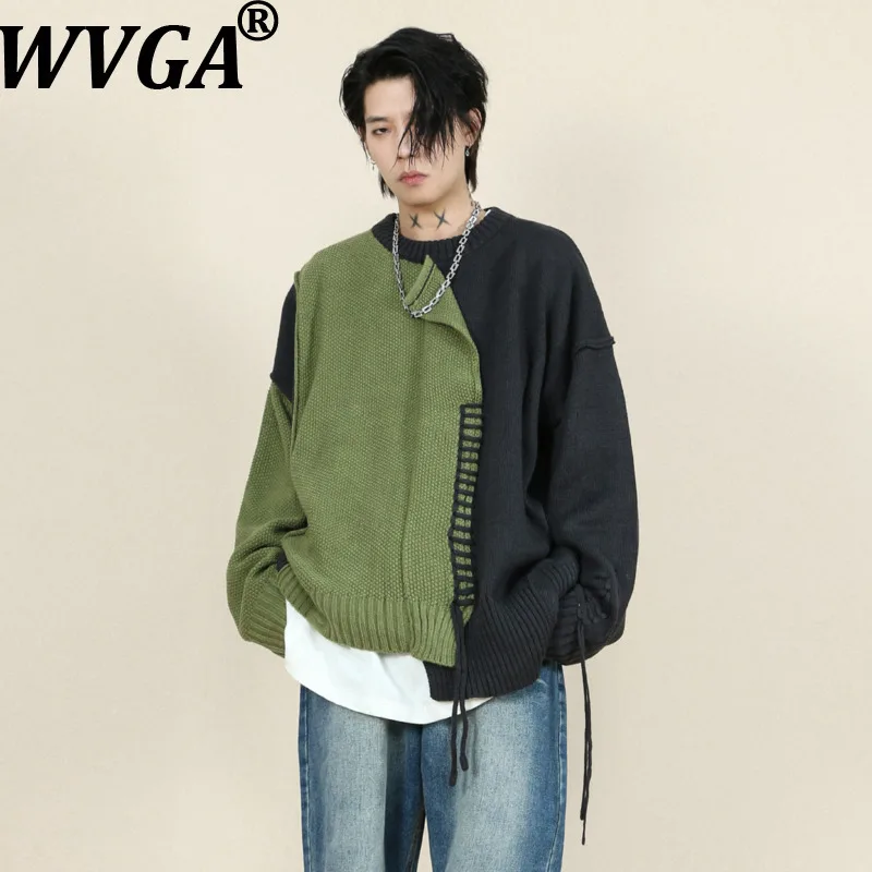

WVGA Autumn Winter New Men Tide Stitching Color Block O-Neck Trendy Pullover Sweater Niche Y2K Casual High Street Top Ins W15944