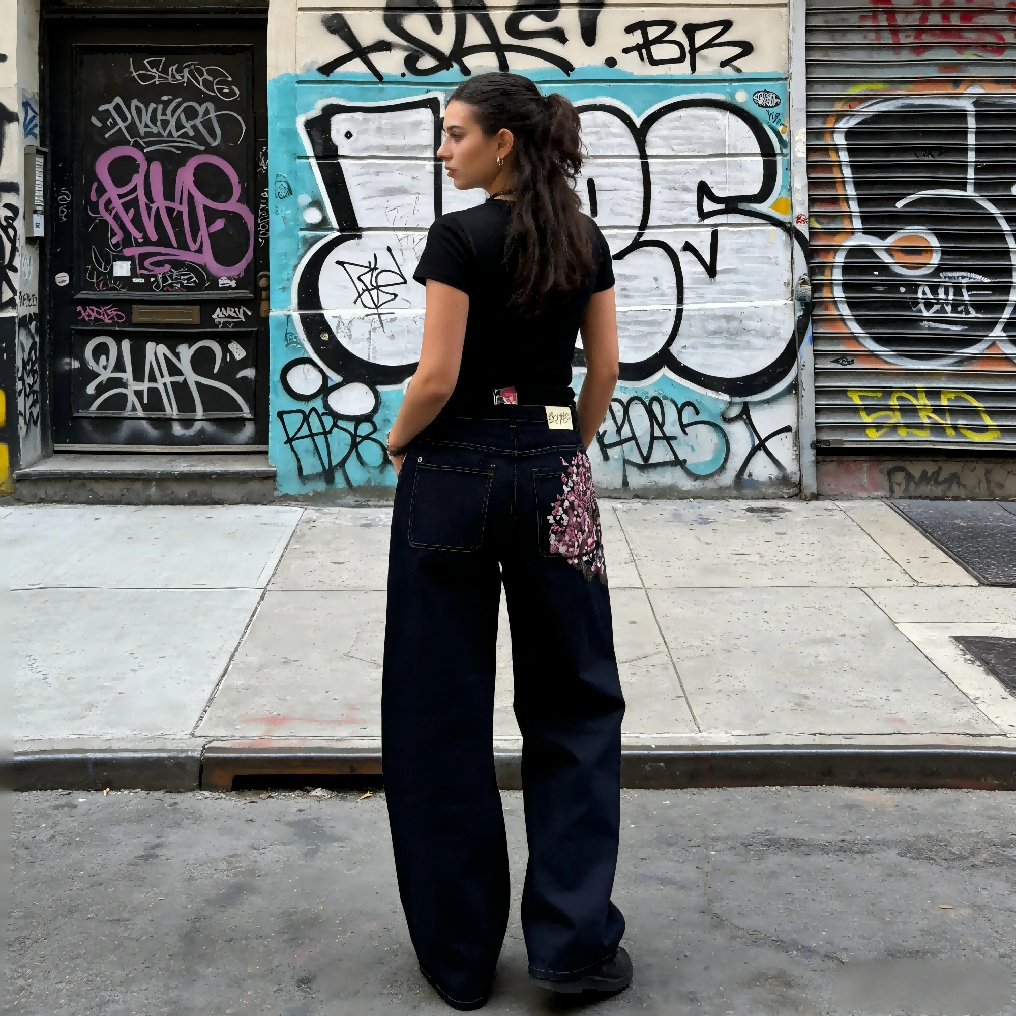 

Men's Cherry Blossom Embroidered Baggy Jeans Vintage Black Denim Wide-Leg Pants Japanese Streetwear and Hip-Hop Trousers for Men