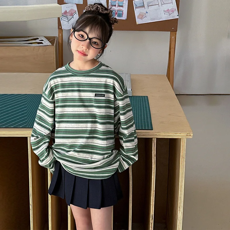 

Junior Girl 2pcs Outfit Autumn School Girls Striped Round Neck Long Sleeve Top Children Girls Pleated Skirt Kids Girl Casual Set