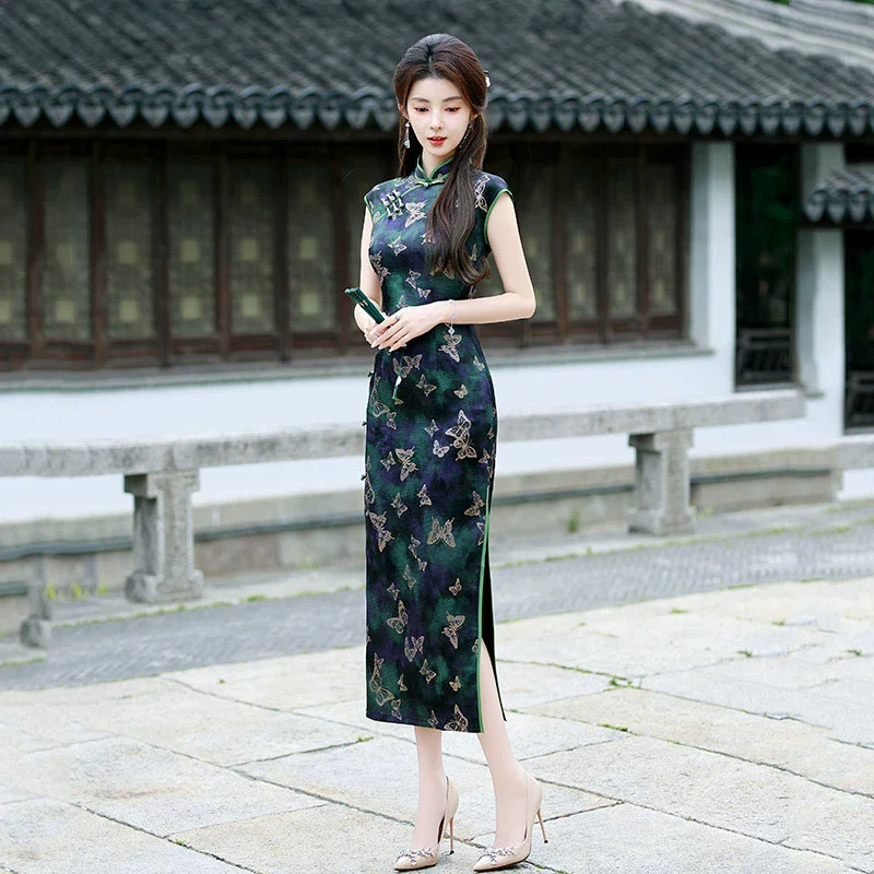 

Двухслойное длинное платье Cheongsam в стиле ретро, весна/лето, новое китайское традиционное повседневное платье Ципао с принтом бабочки