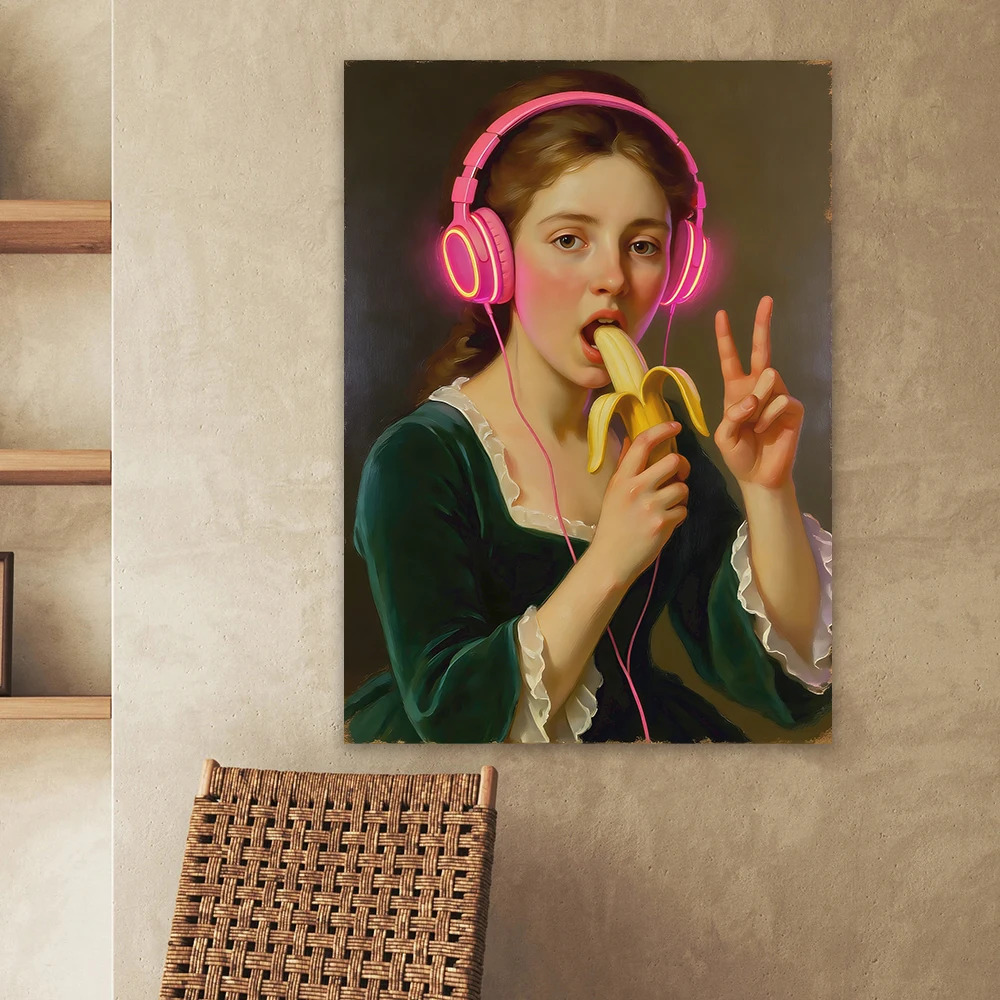 Lustiges Vintage-Porträt-Poster: Frau, die eine Banane isst, Maximalistische Kunst-Drucke, Toiletten-Dekoration, Mädchen mit Perlenohrring, Leinwandgemälde