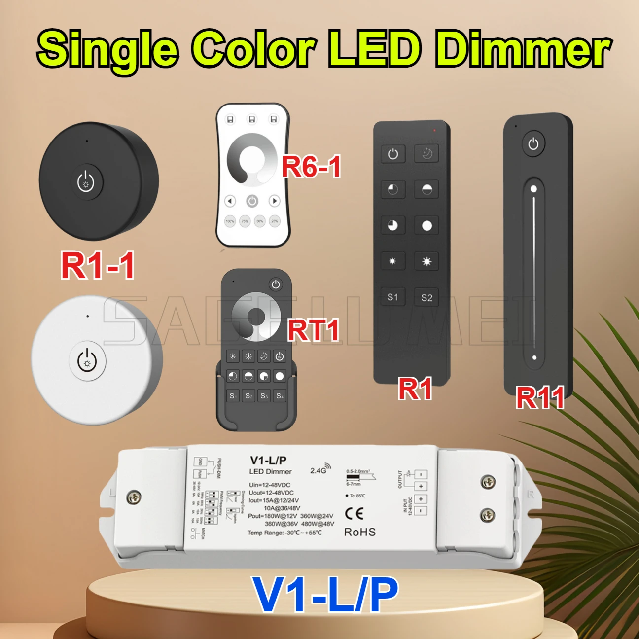 LED Dimmer V1-L/P Wifi 2.4G RF Remote Control R1/11 12-48V 1 Zone Single Color LED Strip Dimming Kit Wireless Push Switch Dimmer