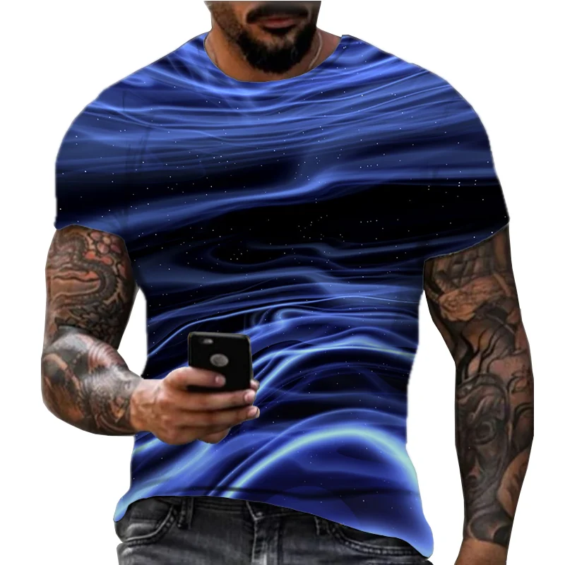 2024 New Men's Hot Selling Colorful Wave Pattern 3D Printed Short Sleeve Round Neck Top Fashion Fitness Leisure T-shirt