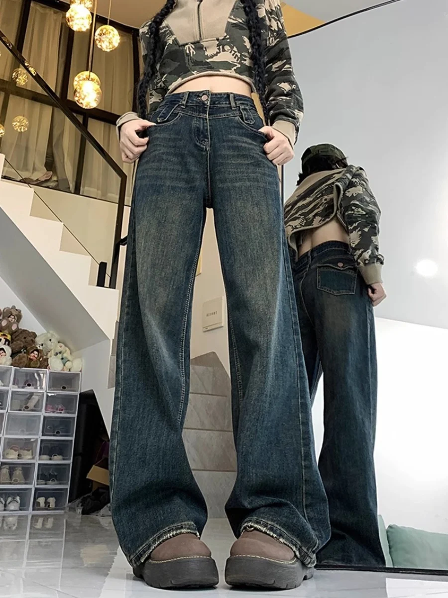 

Retro High Waist Wide Leg Jeans Women's Spring Autumn Loose Fit Slimming Long Trousers Straight Cut Denim Pants
