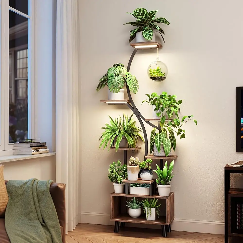 

Indoor Plant Stand With Grow Light Tall 63 H,Wood Tier Plant Shelf Large,With 3-Head Dimmable Led Plant Grow Ligh,Plant Holder
