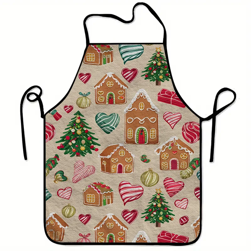 1pc Large Christmas Gingerbread House Apron with Gingerbread Men Women Print Heavy-Duty Washable Kitchen Apron