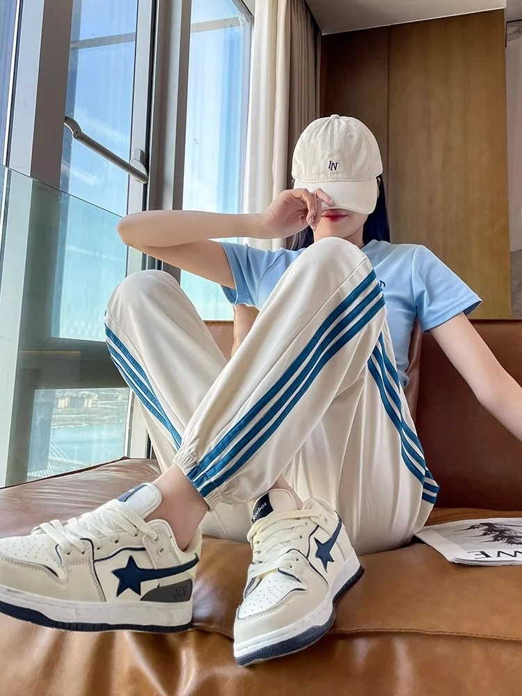 

Спортивные брюки Bannai Yue Ice Silk Qui Dry для женщин, лето 2025, тонкие, свободные, с манжетами, в полоску, повседневные