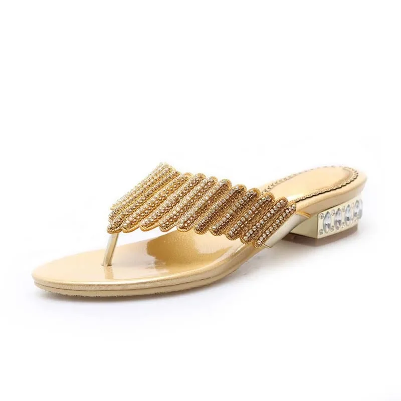 HOVINGE Sliders Shoes Women Summer Footwear Low Heel Silver Rhinestone Gold