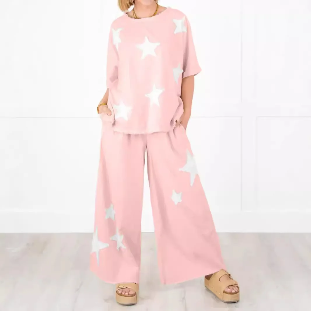 New Loose Printing Short-sleeved Crew Neck Top And Trousers Casual Suit Two-piece Set
