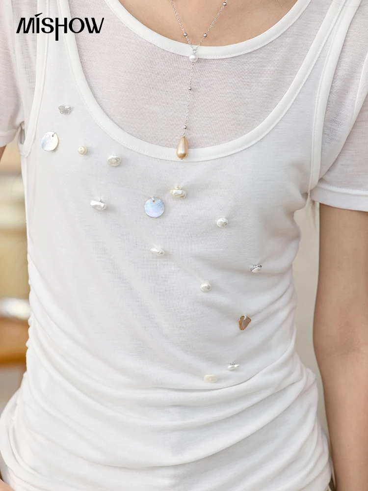 MISHOW White Fake Two Piece Bead Embroidered T-shirt for Women 2025 100 Cotton Tees Round Neck Knitted Breathable Top MXE35T0566