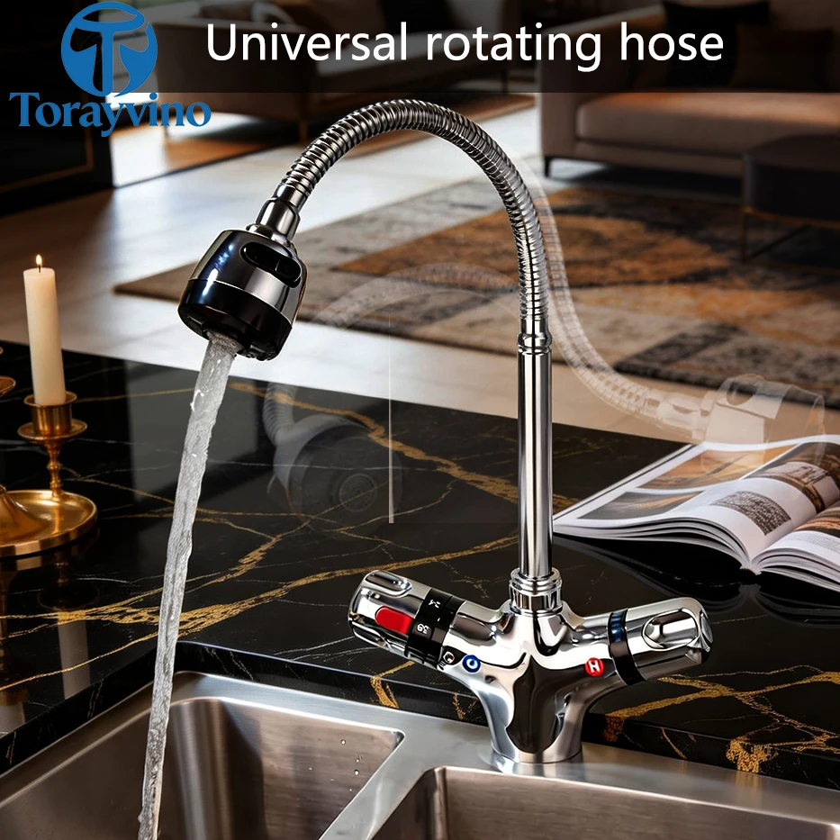 

Torayvino Kitchen Faucet Solid Brass Chrome Thermostatic Faucet Constant Temperature Deck Mounted Sink Mixer Flexible tap