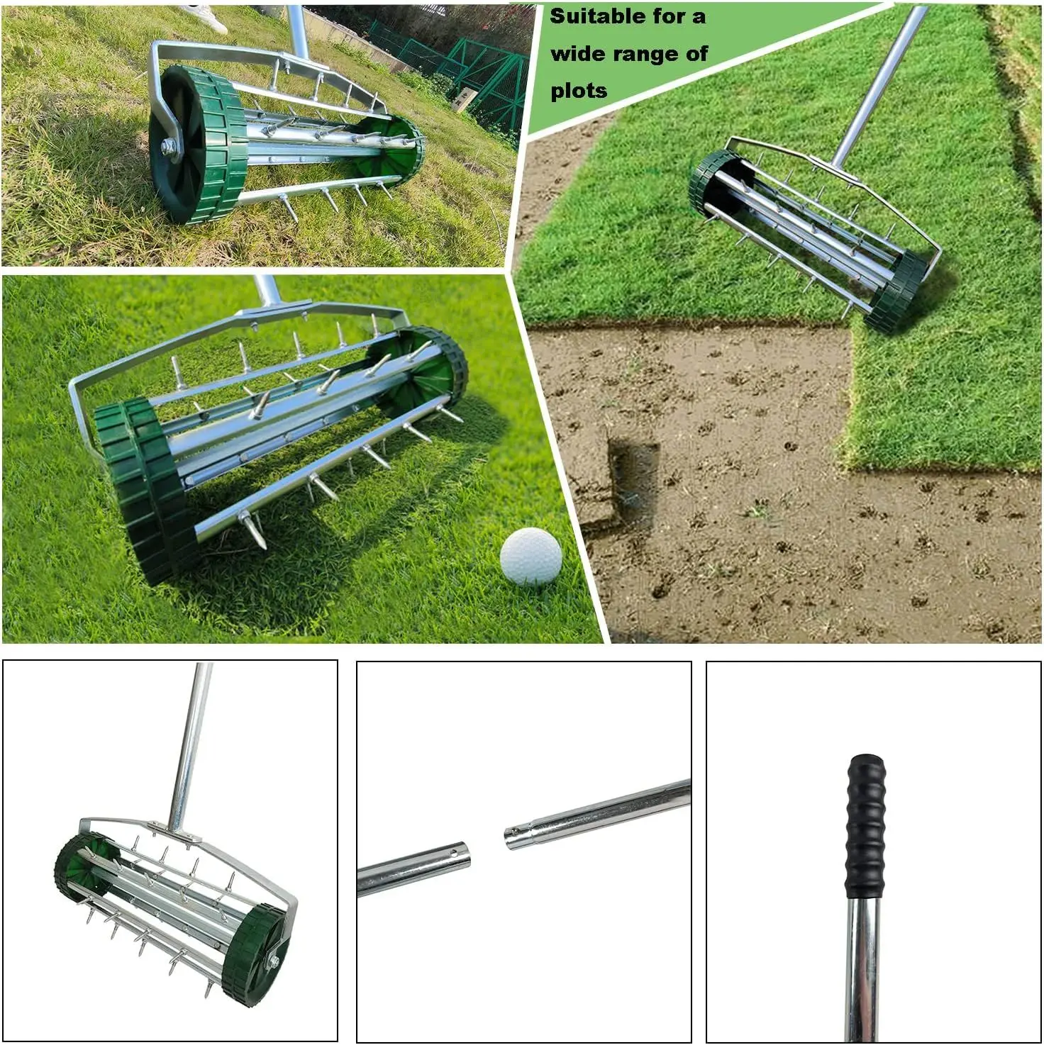 Heavy Duty Rolling Lawn Aerator,Rolling Lawn Aerator, Rotary Push Tine Spike Soil Lawn Aerator Gardening Tool with 3-Piece Long