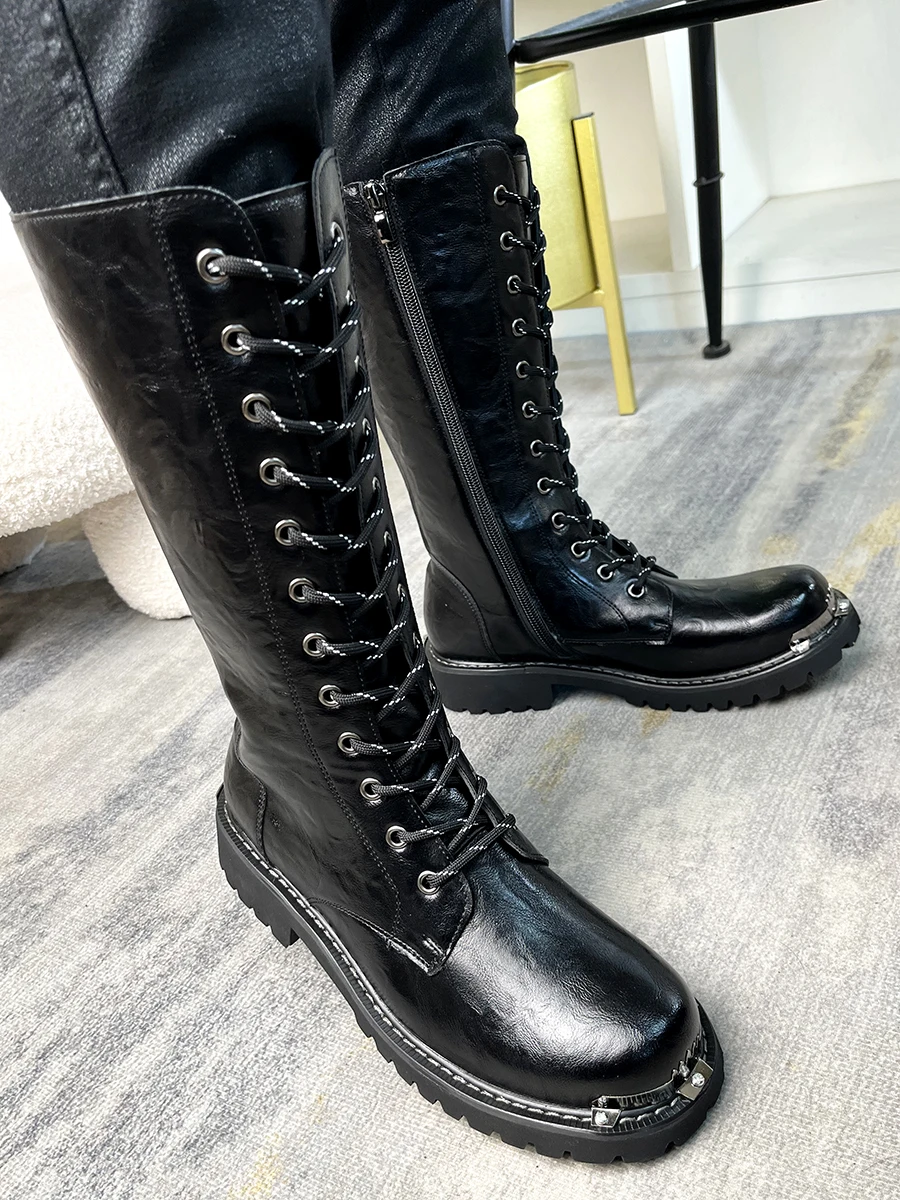 

Мужская мода для выступлений на сцене, высокие сапоги, дизайнерская обувь из натуральной кожи, ковбойские ботинки на платформе, красивые длинные мотоциклетные ботинки