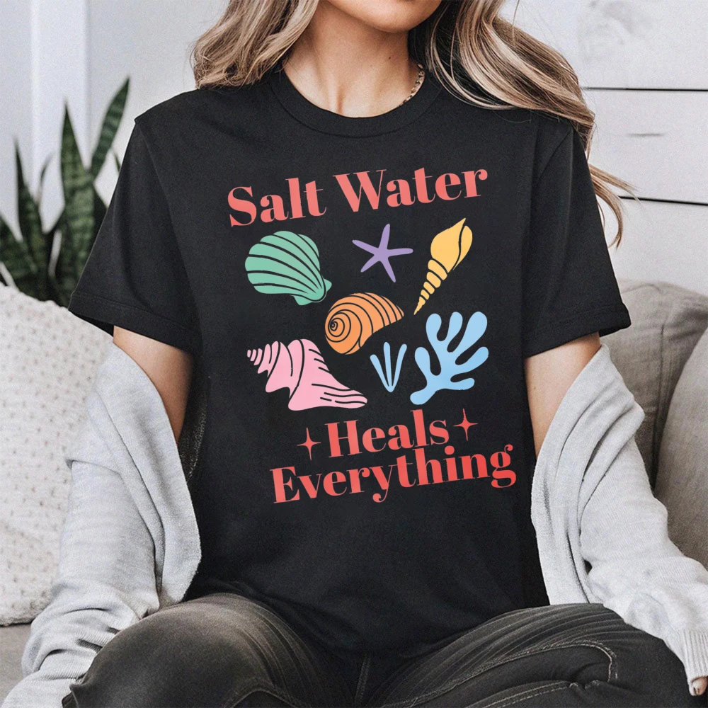 Salt Water Heals Everything T-Shirt Beach Summer Casual Clothing Shell Graphic Printed Tshirt Conch Lover Gift Tee Women Tops
