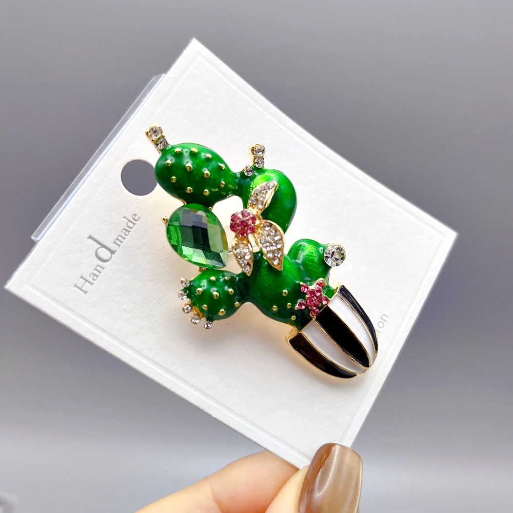 Lovely Enamel Cactus Flower Brooches For Lady Women Rhinestone Pot-Plants Clothes Pins Badge Accessories