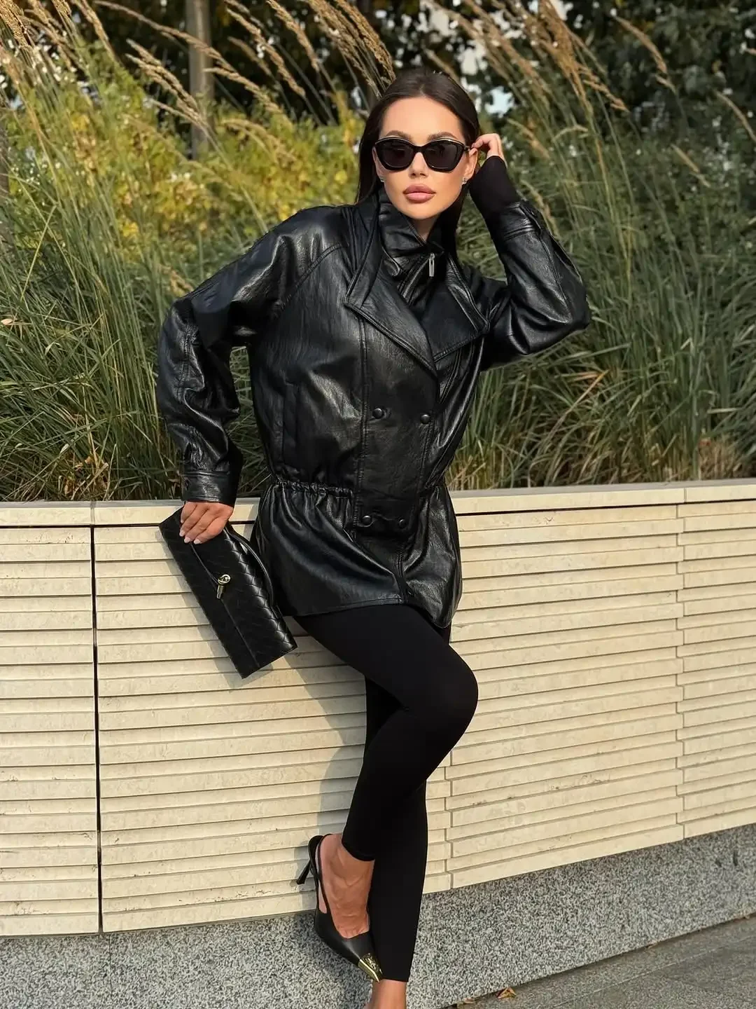 Women Vintage Black Midi Leather Jacket Fashion Stand Collar Double Breasted Zipper Loose Jackets 2026 Lady Daily Street Coat