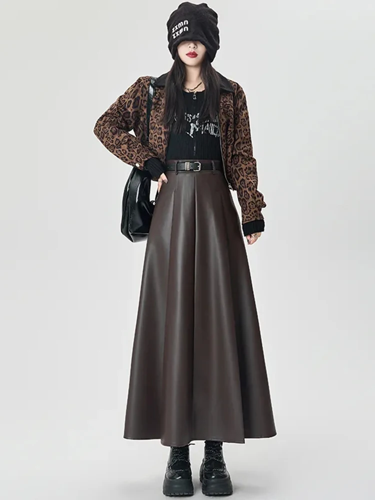 Jupes mi-longues Vintage en cuir PU pour femmes, Y2K, taille haute, Streetwear avec ceinture plissée, élégantes, couleur unie, jupes trapèze, automne