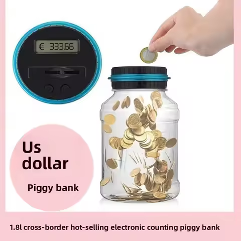 1.8L Coin Bucket Money Bank Large Capacity Transparent Saving Jar US Dollar Euro Pound Saving Jar Smart Counting