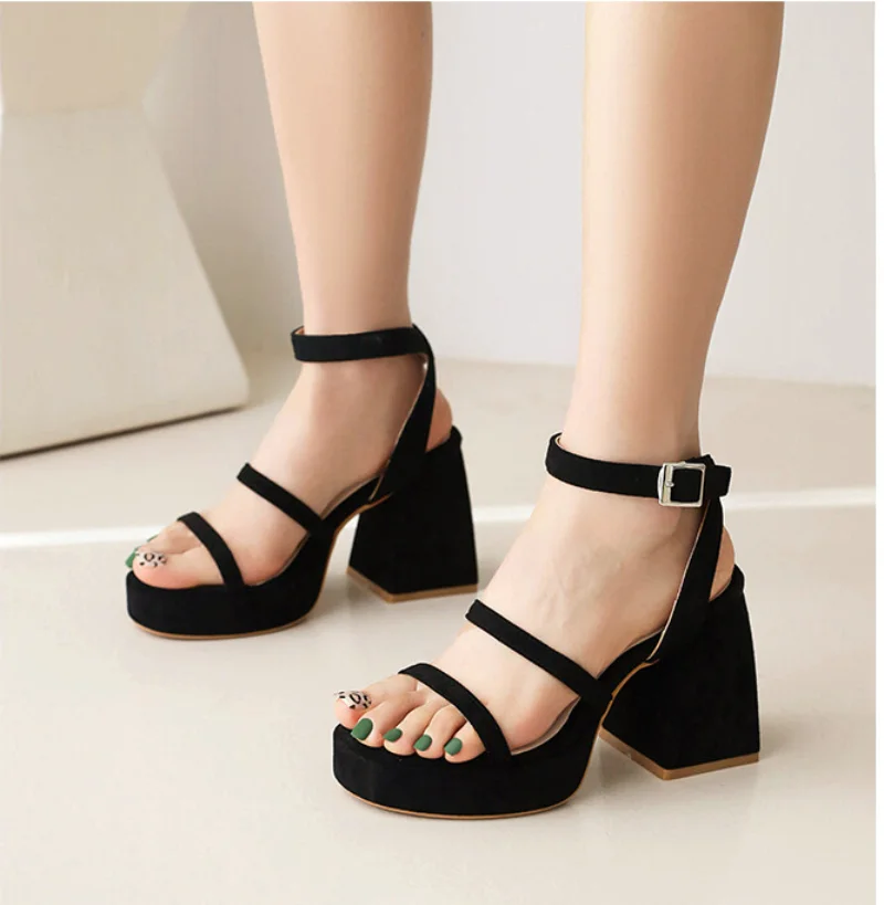 summer New styles fashion Exposed toe high-heeled Women\'s Sandals flock Simplicity Buckle Thick heel Women Sandals size 32-46