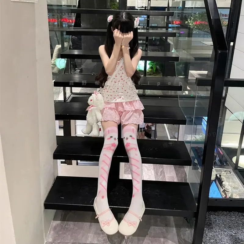 Kawaii bonito coelho branco sobre o joelho meias dos desenhos animados gato pata impressão senhora sexy longo tubo coxa meias menina lolita cosplay