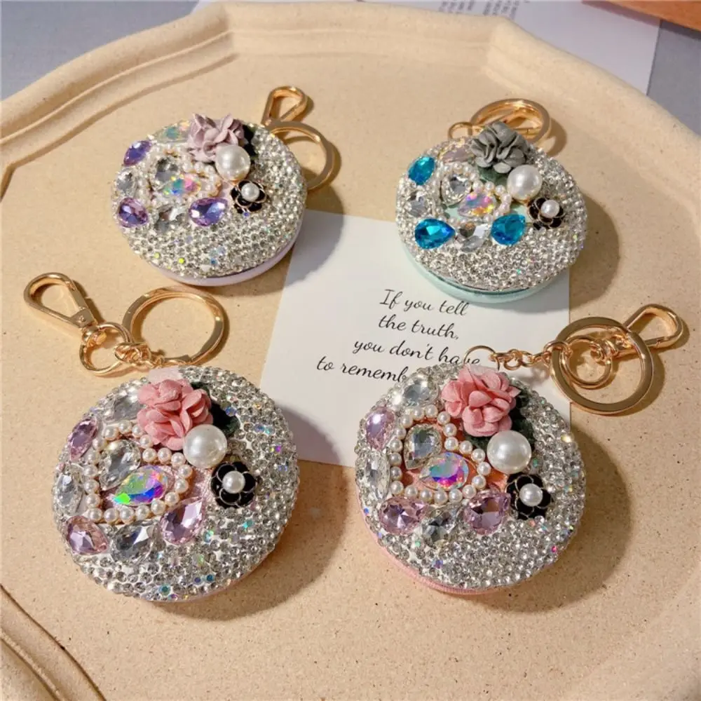 Portable Full Rhinestone Camellia Makeup Mirror Folding Round Car Keychain Elegant Floral Touch Up Mirror Travel