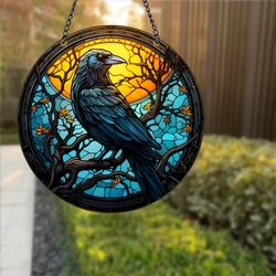 Stained Window Hanging Desperate Crows At Sunset Sky Suncatcher with Metal Chain for Wall Horticultural Ornaments Home Art Decor