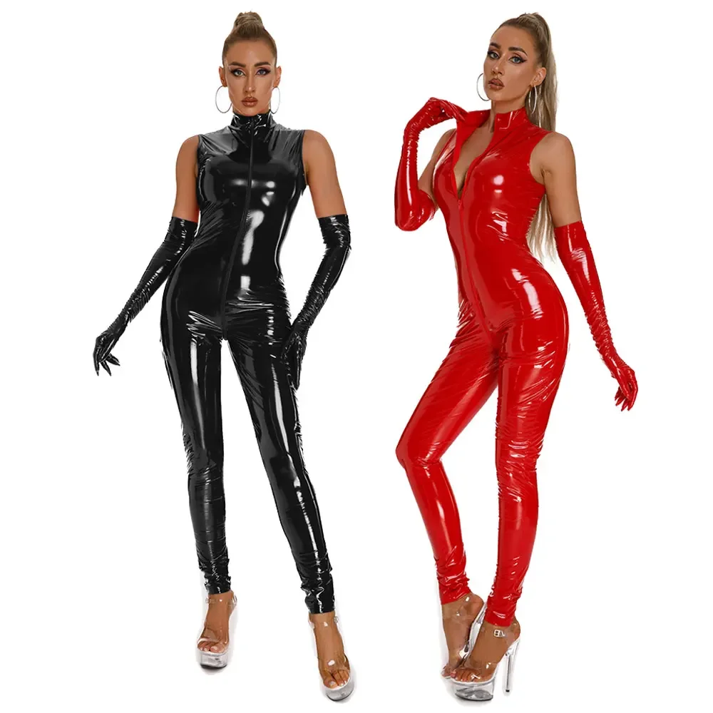 

Women Sexy PVC Latex Bodysuit Double Zipper Open Crotch Erotic Faux Leather Catsuit Jumpsuits Night Club Party Latex Bodysuit