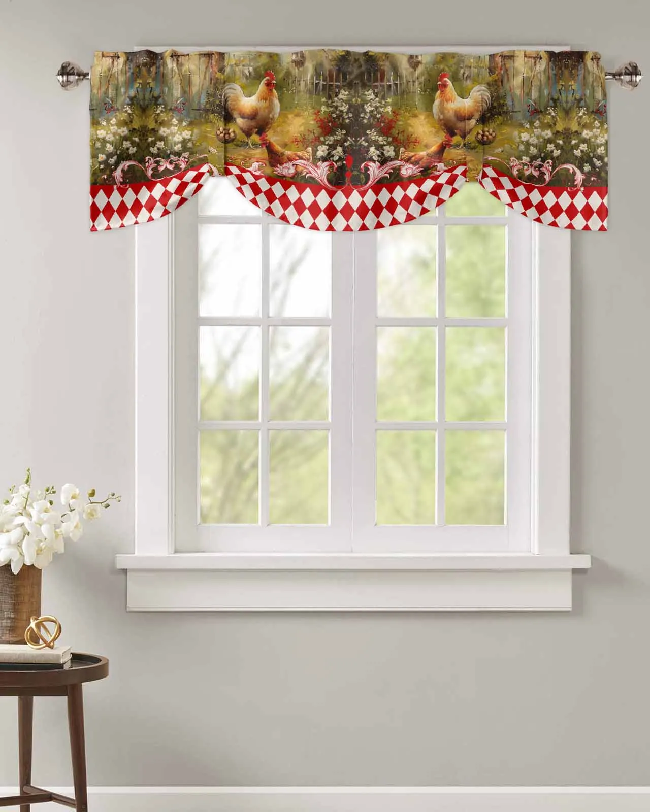 Retro Country Farm Hen Window Curtain Living Room Kitchen Cabinet Tie-up Valance Curtain Rod Pocket Valance