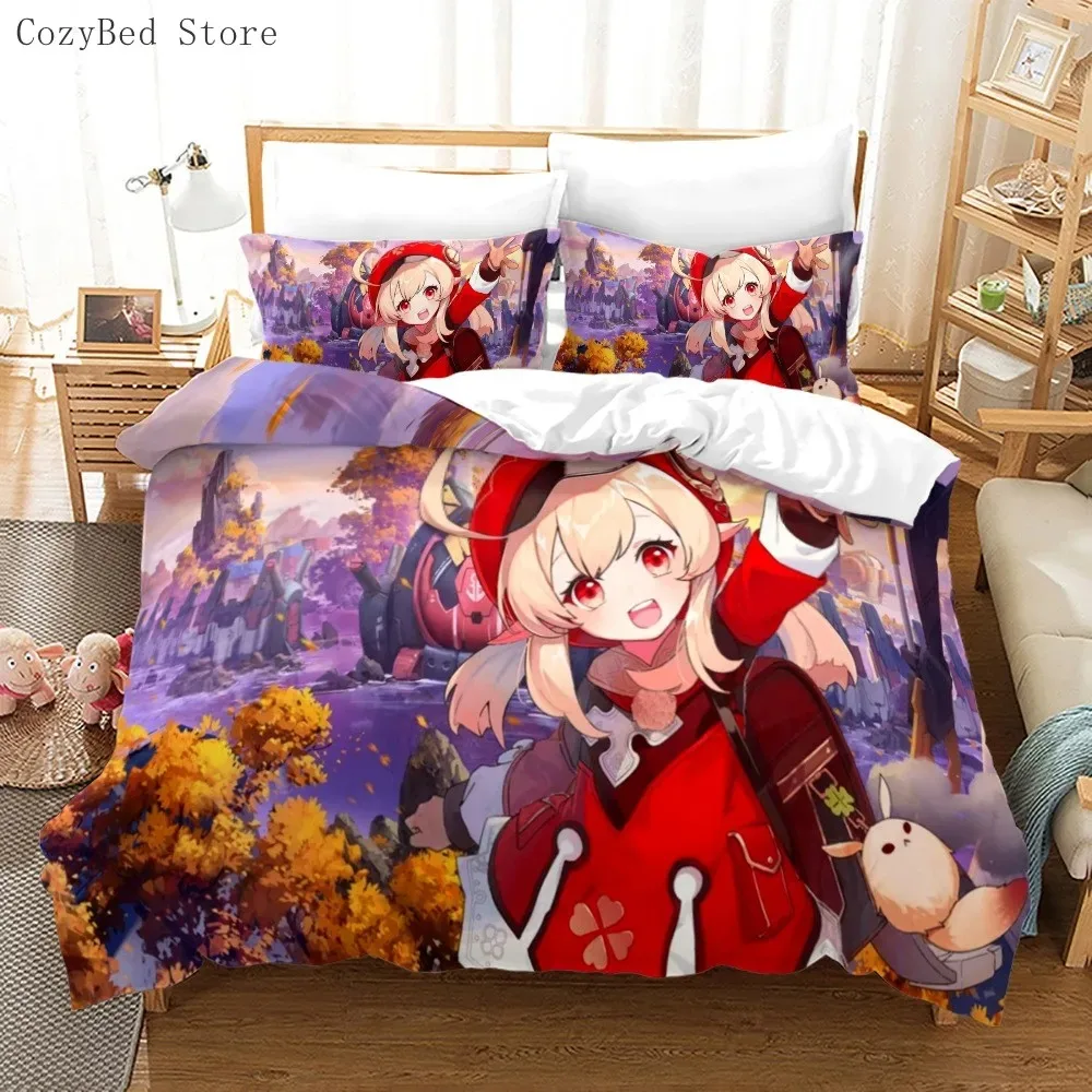 Genshin Impact Bedding Set Cartoon Anime Duvet Cover Single Double Size Boys Luxury 3D Bed Linen Decor Home