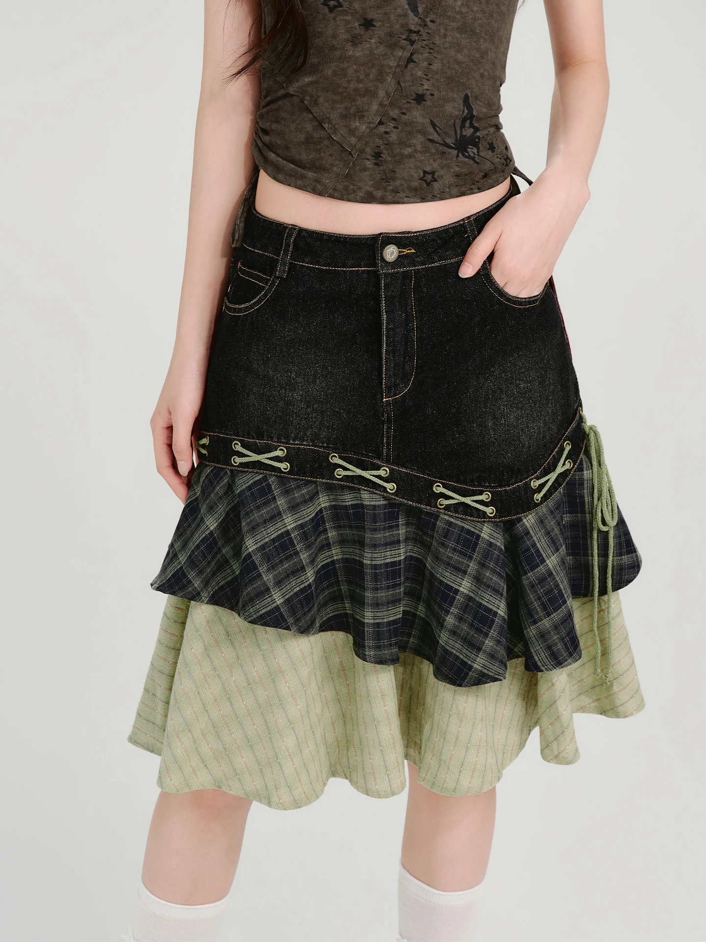 Girlyhalo American Retro Multi-layer Denim Half Skirt Women's Summer New Design Sense Cake Short Skirt Middle Waist Design