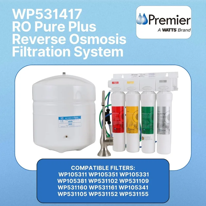 Watts Premier WP531417 RO Pure Plus Reverse Osmosis Filtration System with Top-Mount Twist Faucet, Brushed Nickel, Standard