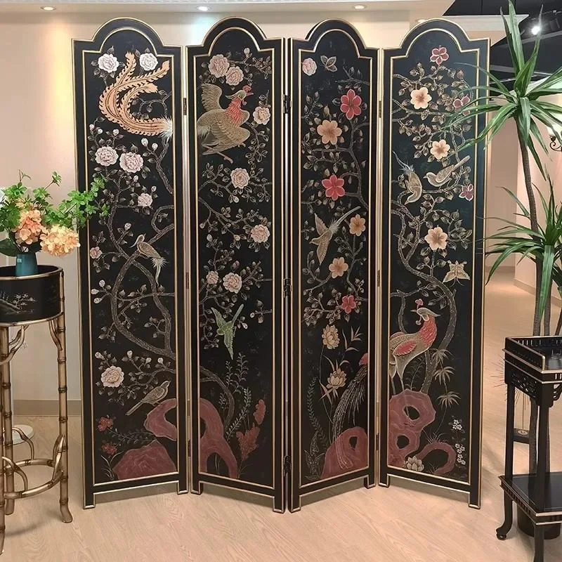 XRetro screen entry porch partition folding double-sided movement, luxury hand-painted, folding screen