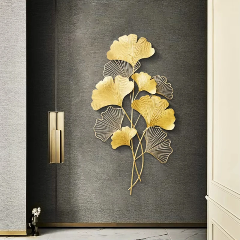 Nordic Gold Wrought Iron Ginkgo Biloba Wall Hanging Living Room Background Wall Entrance Bedroom Wall Decorations